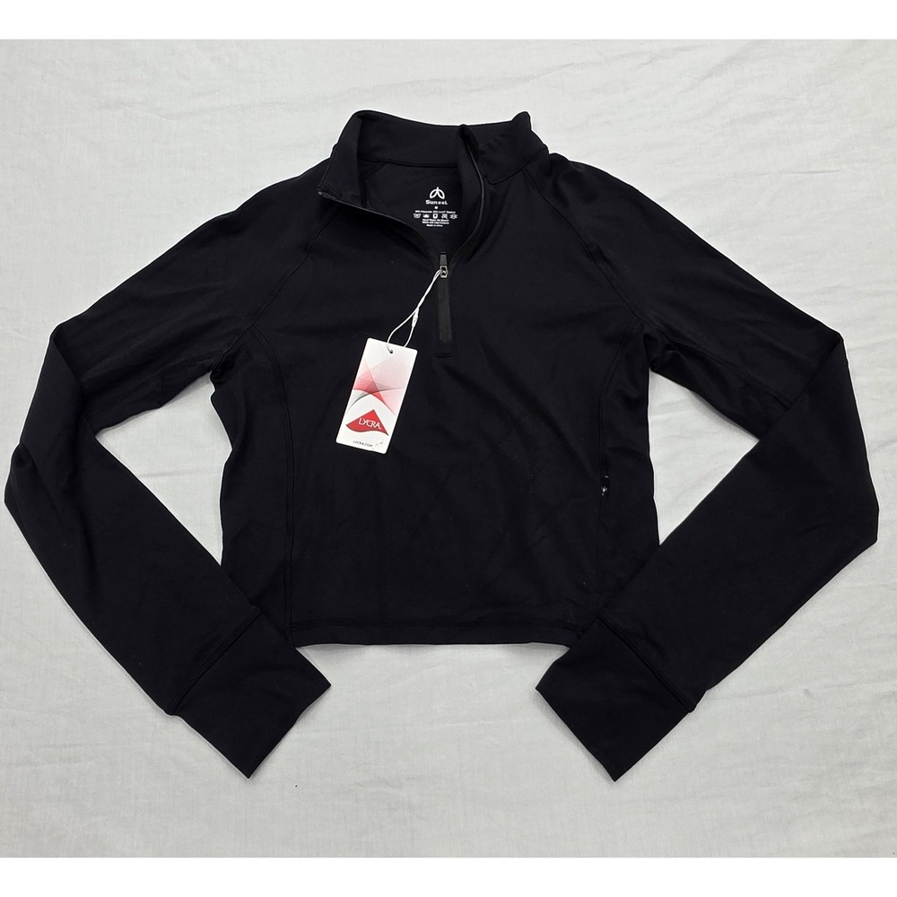Sunzel Womens Black Cropped Quarter Zip Athletic Pullover Thumbholes Size M NEW